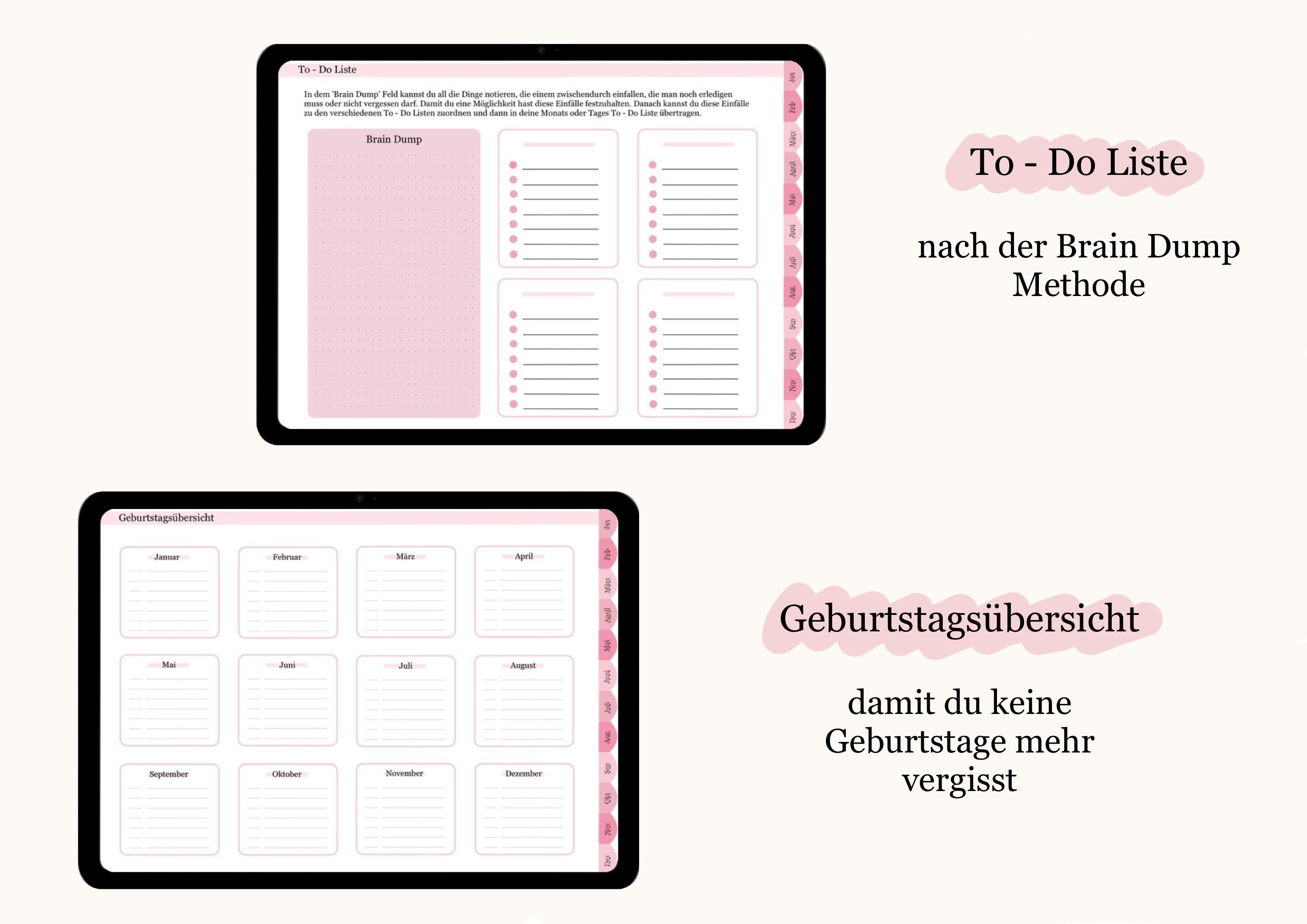 Er enthält eine To-Do Liste und Geburtstagsübersicht