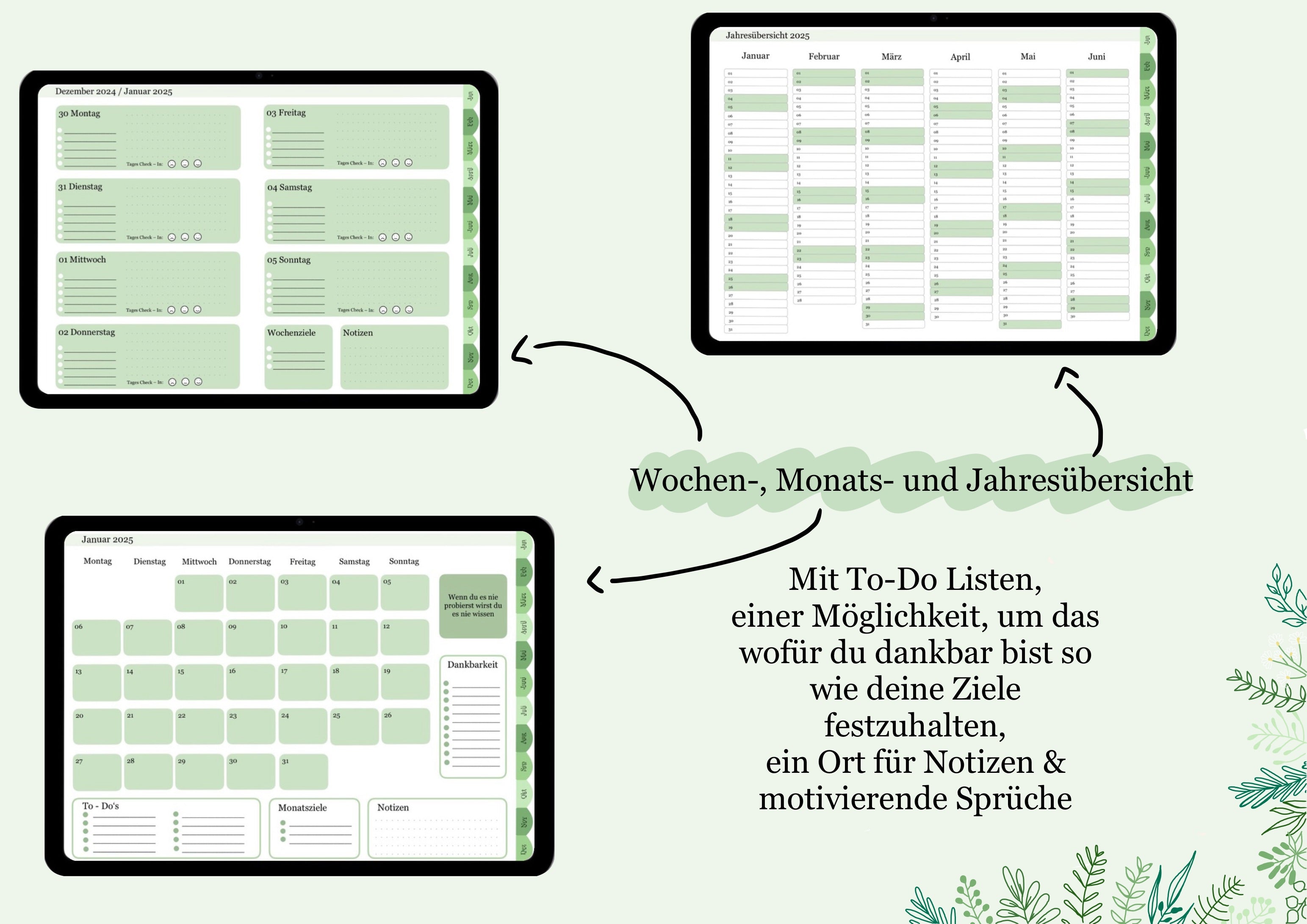 Enthalten sind Wochen-, Monats und Jahresübersichten